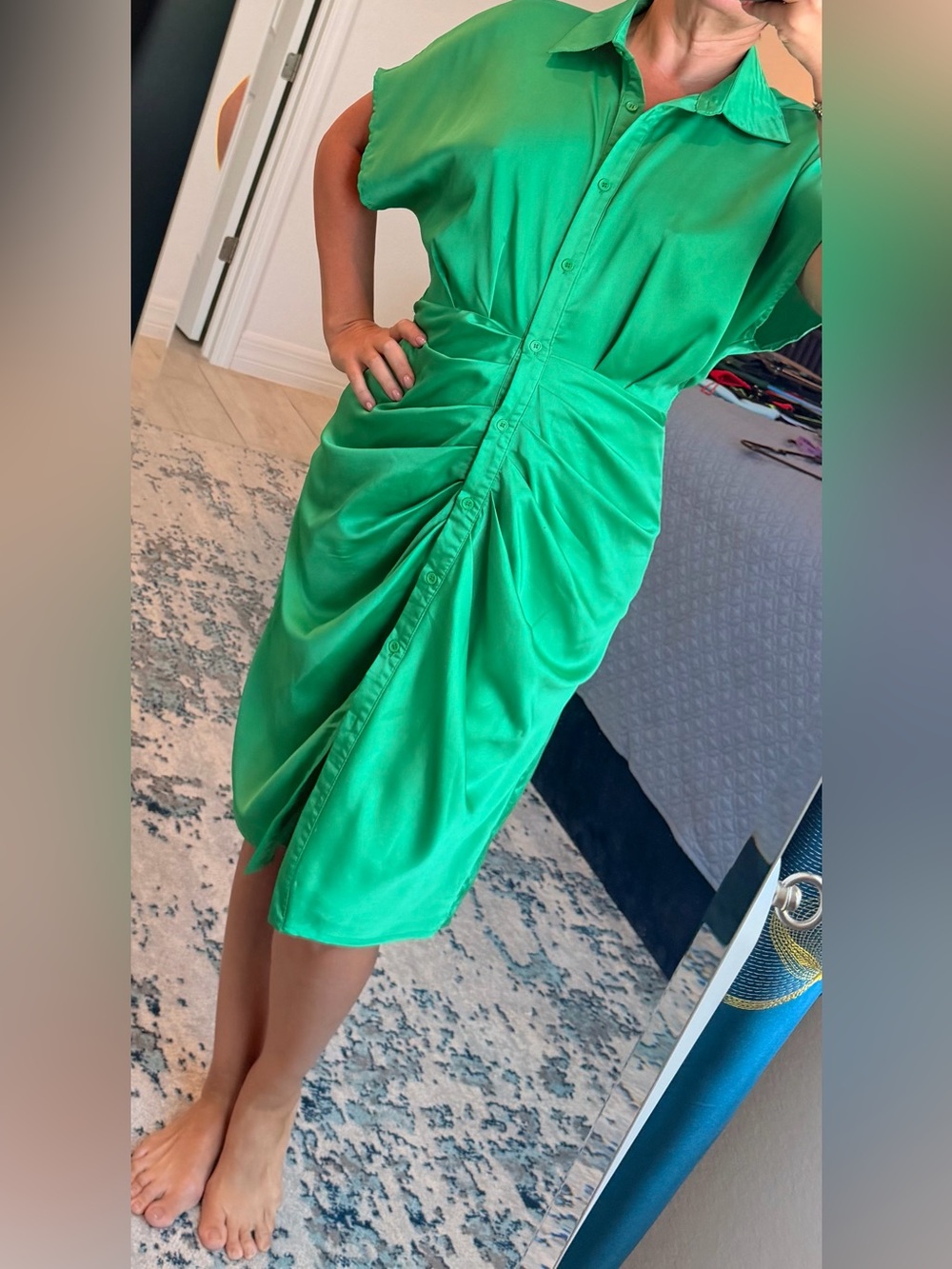 She + Sky Emerald Green Ruched Button-Front Midi Dress